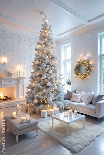 Modern white living room with christmas tree