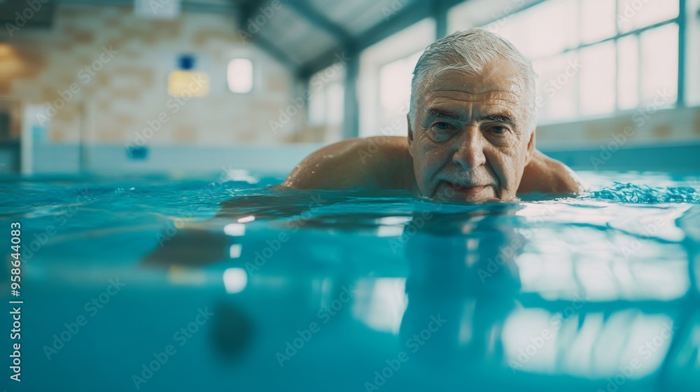 Fototapeta premium Senior Man Swimming in Indoor Pool