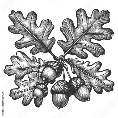 oak leaves and acorns, detailed botanical artwork in a vintage style, for nature or autumn themes sketch engraving generative ai vector illustration. Scratch board imitation. Black and white image.