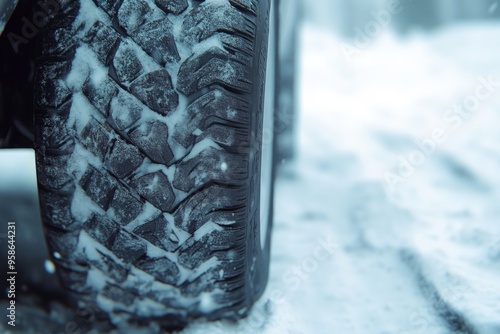 winter tire's aggressive tread biting into the snow-covered road, the car's wheel well a blur in the background photo