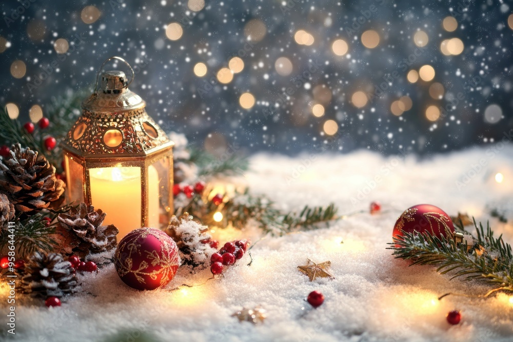 A Festive Winter Scene with a Lantern, Ornaments, and Pine Cones A Festive Winter Scene with a Lantern, Ornaments, and Pine Cones