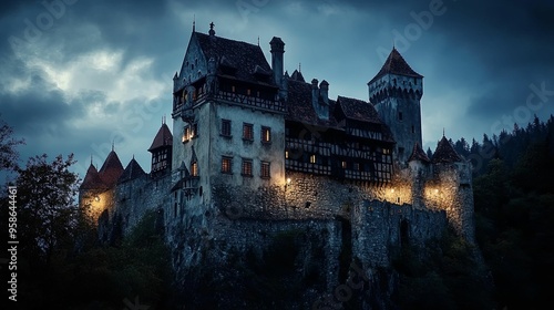 A Stone Castle Standing Tall Against a Gloomy Sky