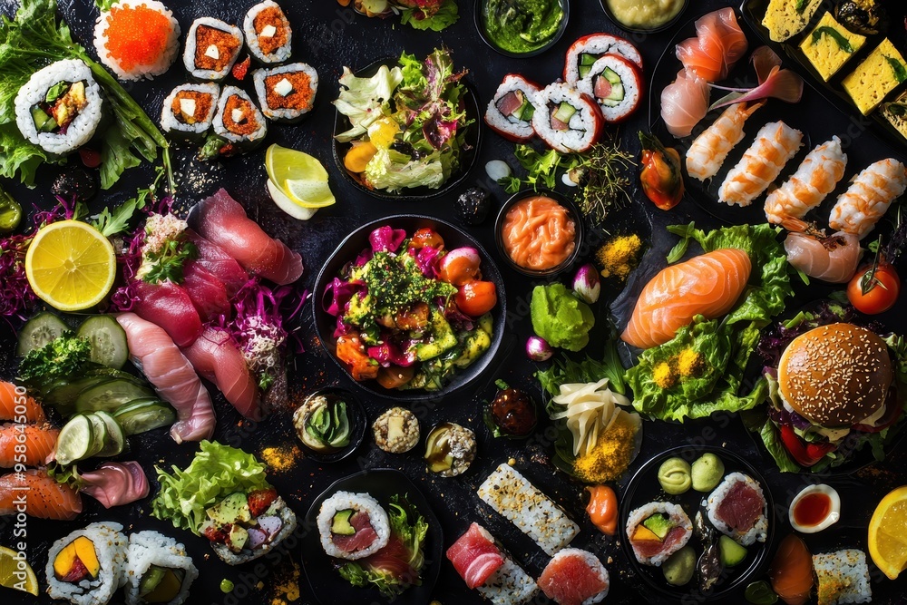 A vibrant spread of sushi, sashimi, salads, and burgers showcasing diverse culinary delights. A vibrant spread of sushi, sashimi, salads, and burgers showcasing diverse culinary delights.