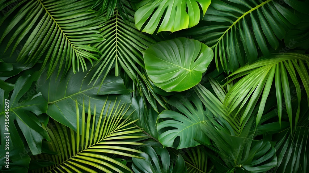 A background of dark green palm leaves with vibrant colors, creating an exotic and lush atmosphere A background of dark green palm leaves with vibrant colors, creating an exotic and lush atmosphere