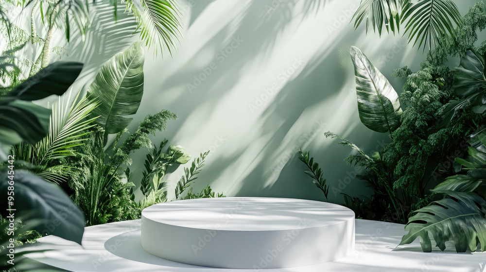 A white podium set in a sleek 3D abstract minimal design, with a vibrant green forest providing a serene backdrop. A white podium set in a sleek 3D abstract minimal design, with a vibrant green forest providing a serene backdrop.