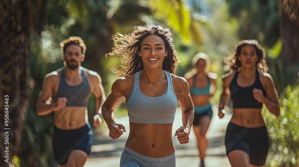 A Woman Runs Through a Sunny Park with a Group of Friends A Woman Runs Through a Sunny Park with a Group of Friends