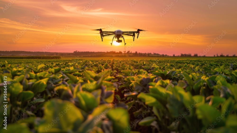A drone flying over a farm field during sunset while surveying crops in a rural landscape.