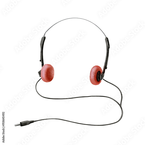 Headphones from portable 80's, 90's style retro cassette player in orange color with no people. Wired and plugged watercolor illustration isolated on white in realistic style