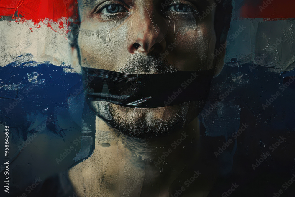 A man’s face is partially covered in black tape, representing the silencing of speech and oppressive censorship A man’s face is partially covered in black tape, representing the silencing of speech and oppressive censorship