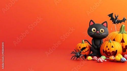 A playful black cat next to carved pumpkins and Halloween treats on an orange background, perfect for festive themes.