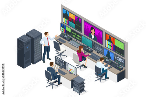 Isometric Profesional video studio. TV station, producer, broadcast control room. Show production maker. Television. Video equipment