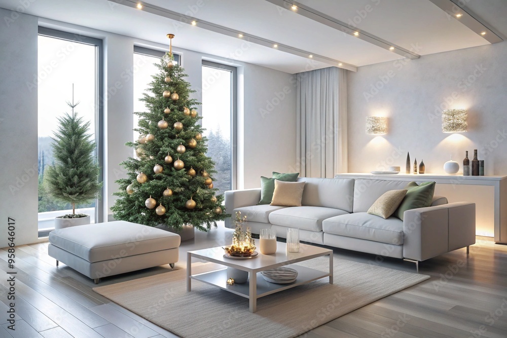 Fototapeta premium Modern white living room with christmas tree