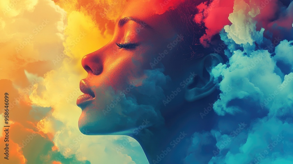 Woman's Face and Clouds Merging in Colorful Abstract Art Woman's Face and Clouds Merging in Colorful Abstract Art