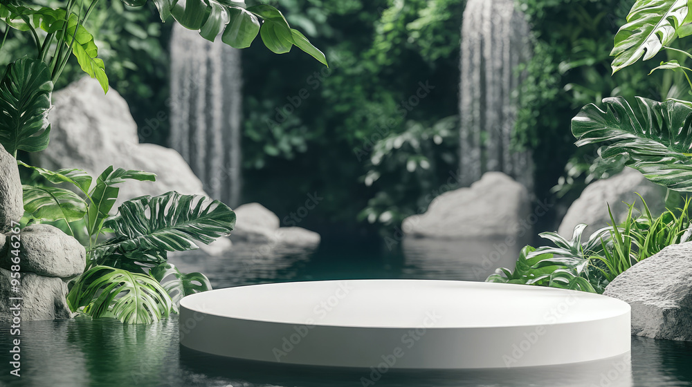 A sleek white podium in a 3D abstract minimal setting, surrounded by the beauty of a green forest. A sleek white podium in a 3D abstract minimal setting, surrounded by the beauty of a green forest.