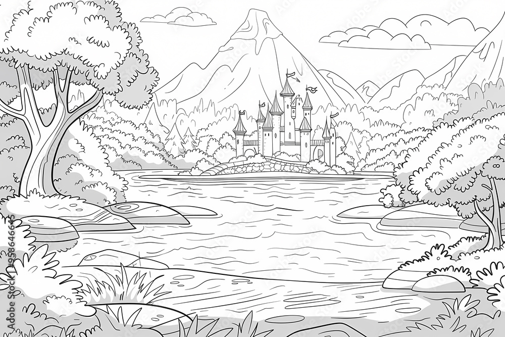 Obraz premium A whimsical black and white landscape featuring a castle, mountains, and a serene river, inviting creativity and imagination.