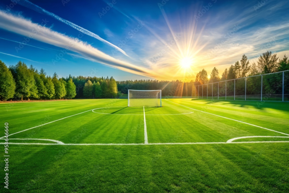 Green grass soccer field with white lines and goalposts, perfectly manicured and illuminated by warm sunlight, Green grass soccer field with white lines and goalposts, perfectly manicured and illuminated by warm sunlight,