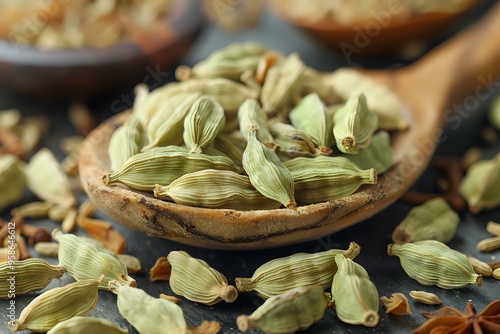 A bowl of green cardamom pods sits on a rustic surface, showcasing their vibrant color and natural texture. Perfect for culinary, spice, and cooking-related content, emphasizing flavor and aroma. photo