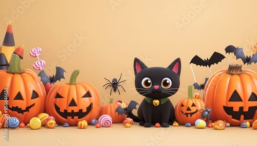 A cute black cat sits among smiling pumpkins, colorful candies, and playful Halloween decorations for a festive autumn vibe.