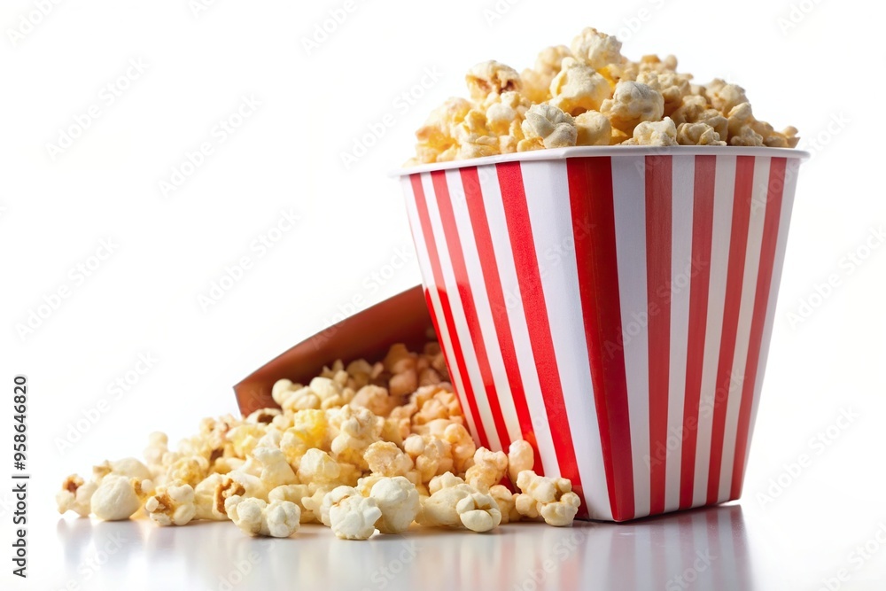 Popcorn bursting out of a red and white classic box isolated in a striped bucket captured from a worm s eye view on a white background, popcorn, splashing, white background Popcorn bursting out of a red and white classic box isolated in a striped bucket captured from a worm s eye view on a white background, popcorn, splashing, white background