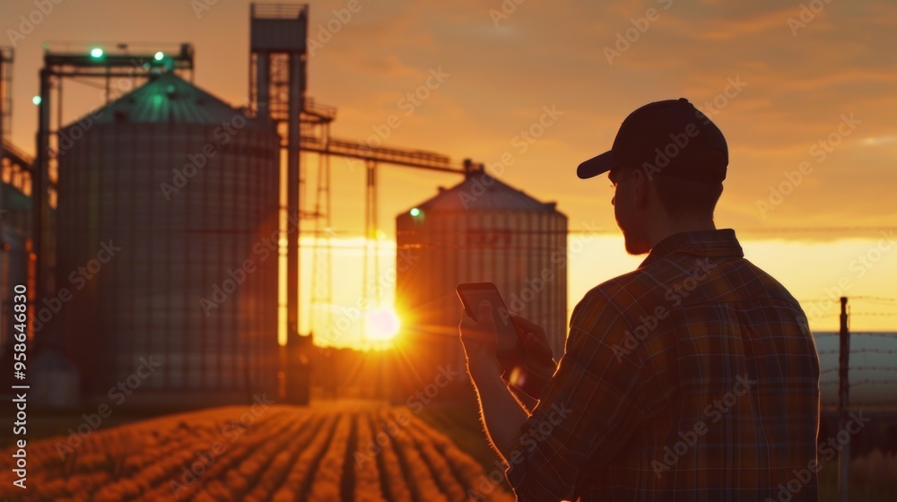 Fototapeta premium Farmer using smartphone to monitor grain storage facility.