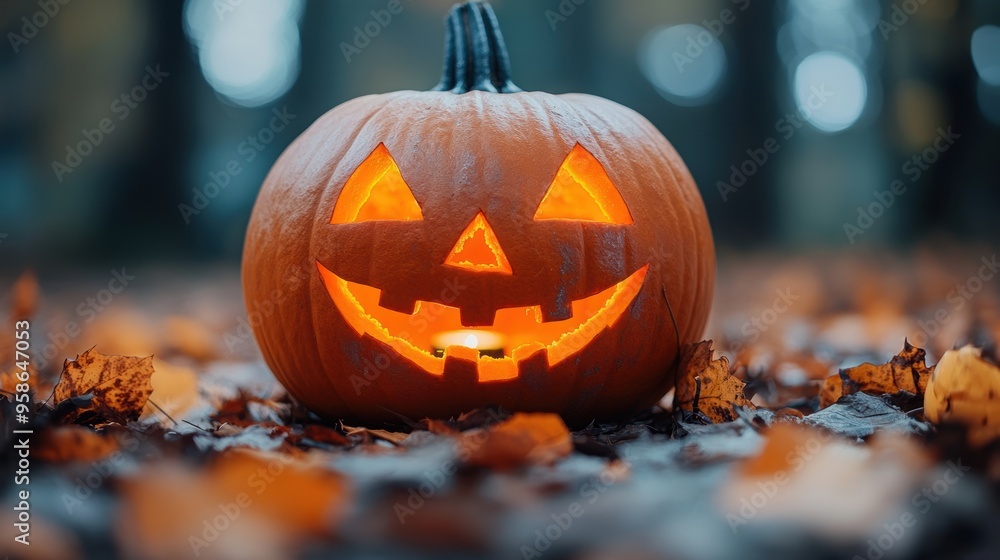 A close-up image of a carved Halloween pumpkin with a glowing smile, surrounded by scattered autumn leaves on the ground in a forest setting at dusk A close-up image of a carved Halloween pumpkin with a glowing smile, surrounded by scattered autumn leaves on the ground in a forest setting at dusk