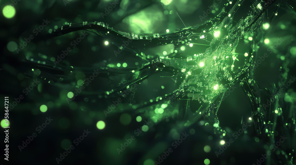 Abstract close-up view of glowing green circuit patterns resembling neural networks, evoking technology, innovation, and digital connections Abstract close-up view of glowing green circuit patterns resembling neural networks, evoking technology, innovation, and digital connections