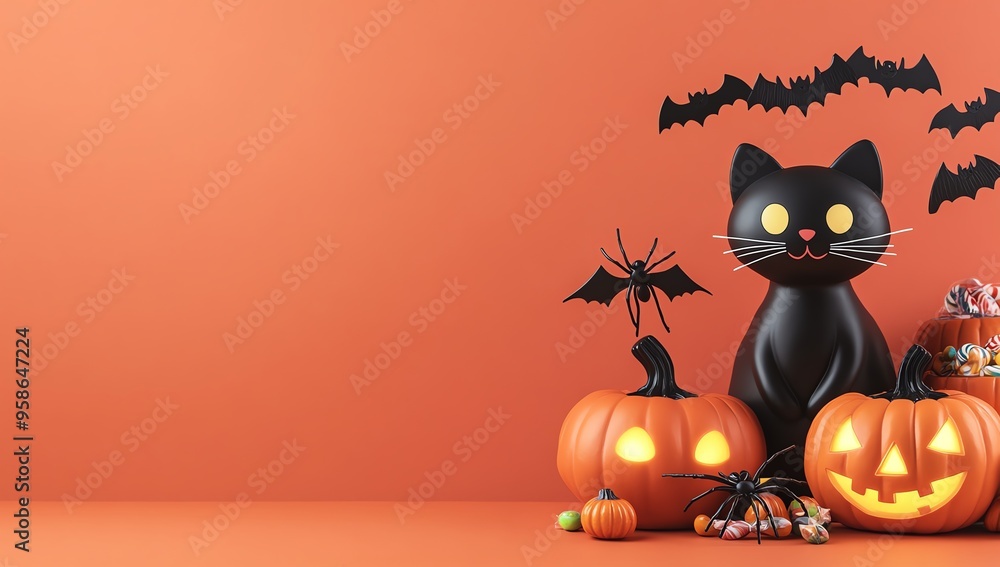A festive Halloween scene featuring a black cat, carved pumpkins, bats, and colorful candies on an orange background. A festive Halloween scene featuring a black cat, carved pumpkins, bats, and colorful candies on an orange background.