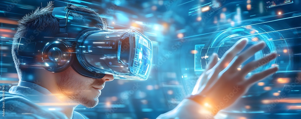 Man wearing VR Headset Experiencing Virtual Reality Man wearing VR Headset Experiencing Virtual Reality