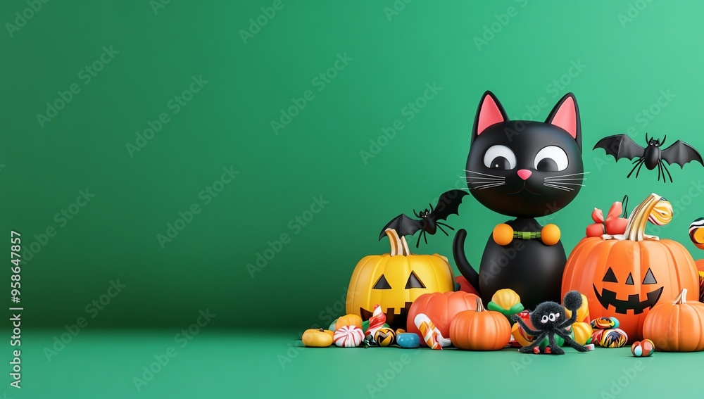 A whimsical Halloween scene featuring a black cat, pumpkins, bats, and colorful candy against a vibrant green backdrop. A whimsical Halloween scene featuring a black cat, pumpkins, bats, and colorful candy against a vibrant green backdrop.