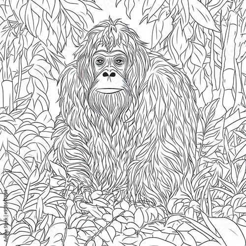 Beautiful Orangutan Coloring Page, Ape Colouring Design for Your Corporate Books and Business Graphic Resource or Creative Project, Ai Generative photo