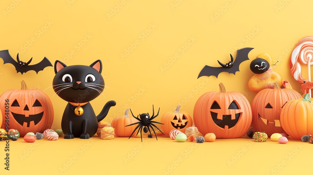 A cheerful Halloween scene featuring a black cat, carved pumpkins, candy, and spooky decorations against a bright yellow background. A cheerful Halloween scene featuring a black cat, carved pumpkins, candy, and spooky decorations against a bright yellow background.