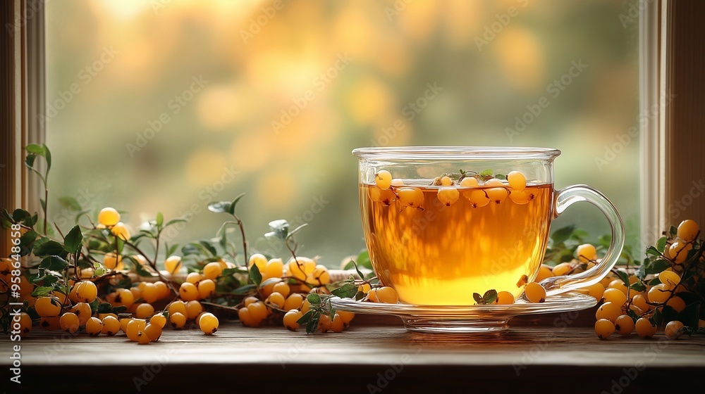 A glass cup of herbal tea with yellow berries on a wooden table, set by a window with soft sunlight. A glass cup of herbal tea with yellow berries on a wooden table, set by a window with soft sunlight.