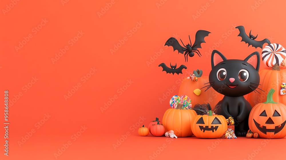 A cheerful black cat surrounded by colorful pumpkins and spooky bats, perfect for Halloween-themed designs. A cheerful black cat surrounded by colorful pumpkins and spooky bats, perfect for Halloween-themed designs.