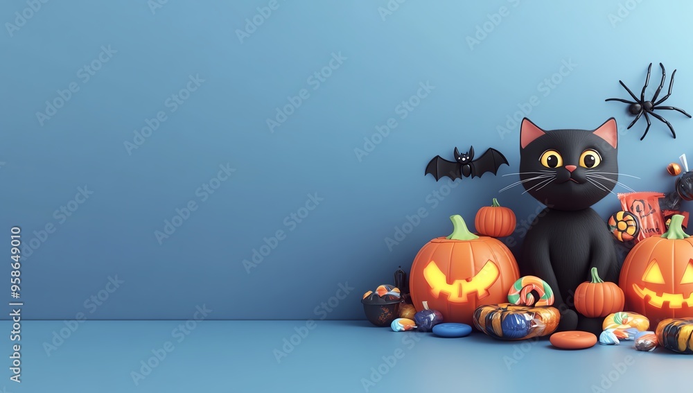 A whimsical Halloween scene featuring a black cat, spooky decorations, and colorful candies against a vibrant blue backdrop. A whimsical Halloween scene featuring a black cat, spooky decorations, and colorful candies against a vibrant blue backdrop.