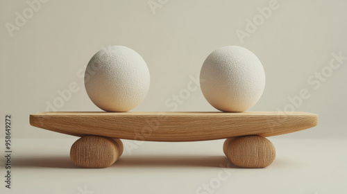 Minimalist still life of two textured white spheres on wooden balance. Modern zen art, tranquility, abstract simplicity inspired decor.