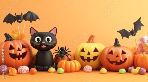 A festive Halloween scene featuring a cheerful black cat, pumpkins, bats, and colorful candies against an orange background.