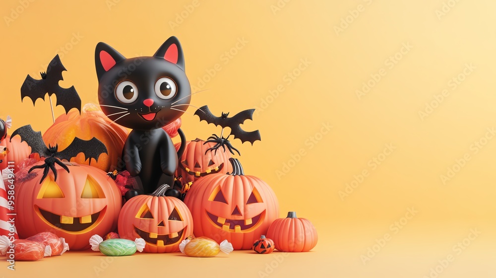 A cheerful black cat toy surrounded by Halloween pumpkins and bats, perfect for festive decorations and holiday themes. A cheerful black cat toy surrounded by Halloween pumpkins and bats, perfect for festive decorations and holiday themes.