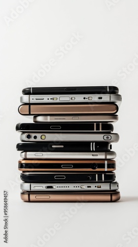 Stack of Modern Smartphones on a White Background