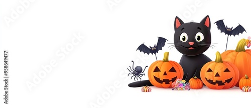 A cute black cat surrounded by Halloween pumpkins and spooky decorations, perfect for festive illustrations and seasonal designs.