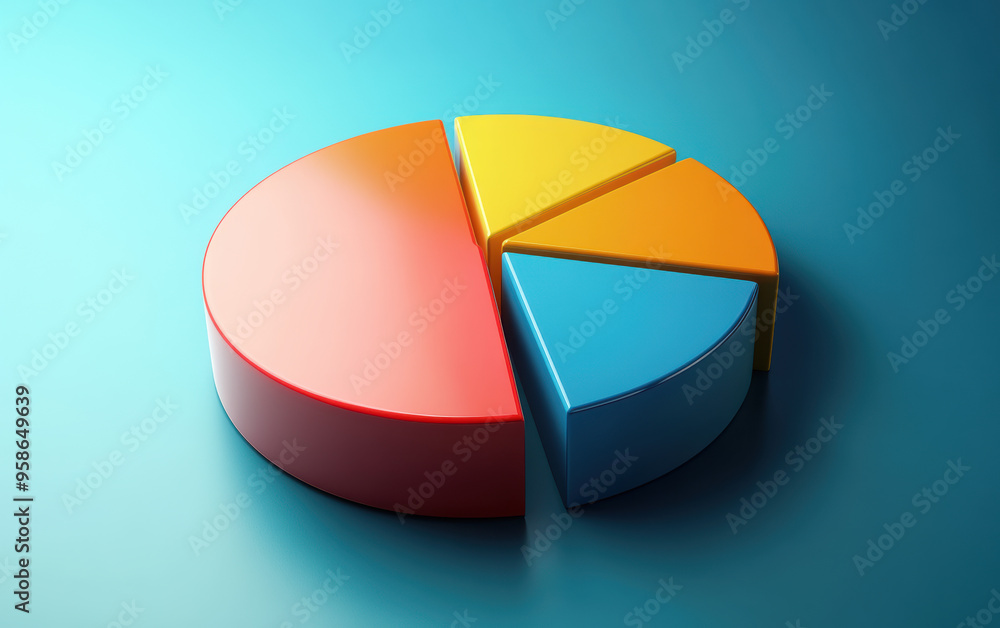 colorful pie chart with four segments on a blue background, representing data analysis and business statistics in a visually appealing manner colorful pie chart with four segments on a blue background, representing data analysis and business statistics in a visually appealing manner