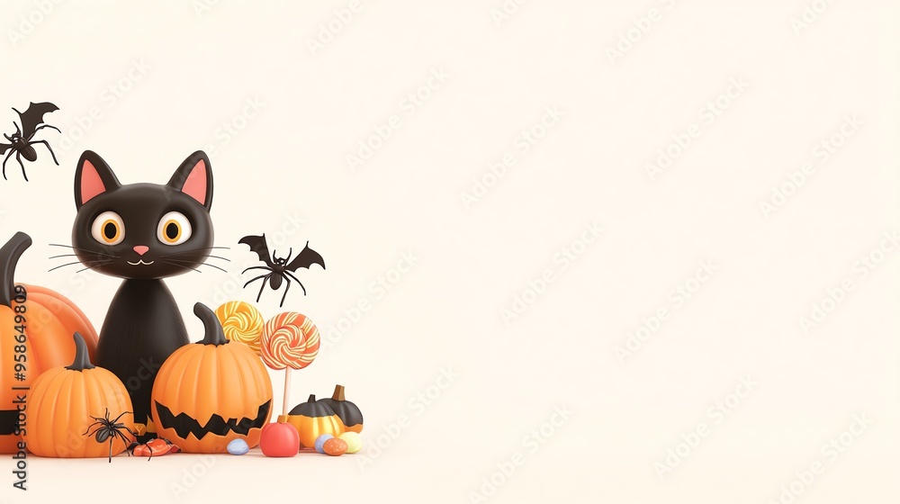 A playful black cat surrounded by pumpkins and bats, perfect for Halloween-themed designs and decorations. A playful black cat surrounded by pumpkins and bats, perfect for Halloween-themed designs and decorations.