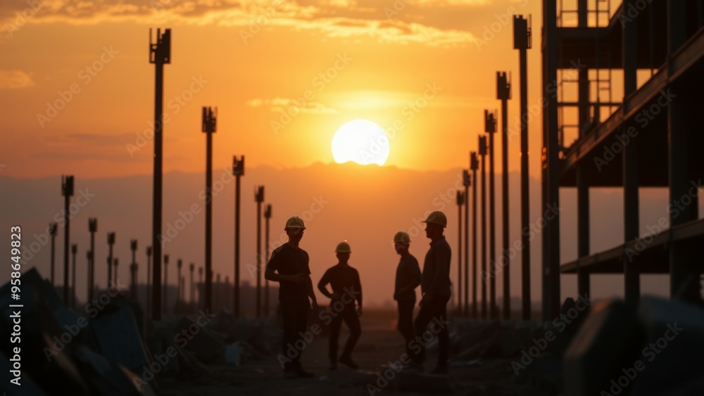 Silhouettes of construction workers stand against a setting sun. Silhouettes of construction workers stand against a setting sun.