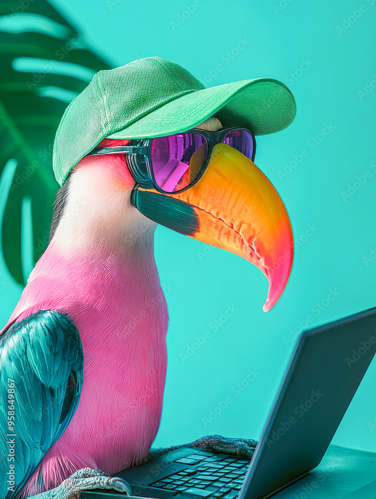 Fototapeta premium A colorful toucan wearing sunglasses and a green cap, typing away on a laptop, set against a vibrant green background.