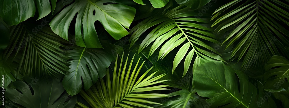 A background of dark green palm leaves with vibrant colors, creating an exotic and lush atmosphere A background of dark green palm leaves with vibrant colors, creating an exotic and lush atmosphere