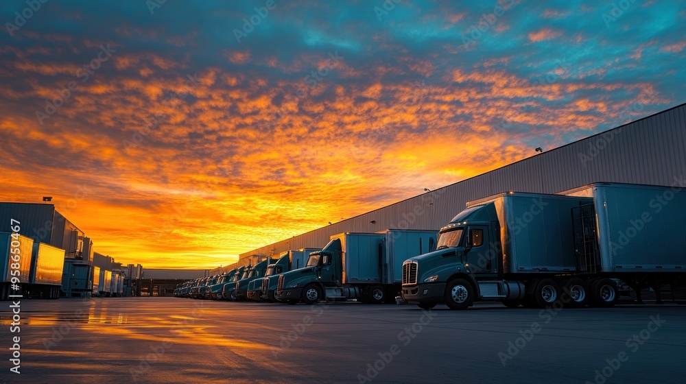 Trucks lined up at a loading dock at sunset Trucks lined up at a loading dock at sunset