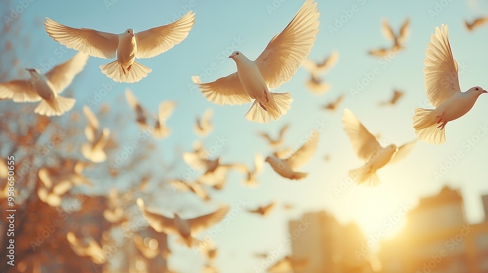 White Doves Flying in the Sunset Sky White Doves Flying in the Sunset Sky