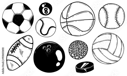 Set of scibble hand drawn sports ball illustration doodles. Cartoon sketch isolated on white background. there are football, basketball, baseball, bowling, volleyball, rugby vector illustration.