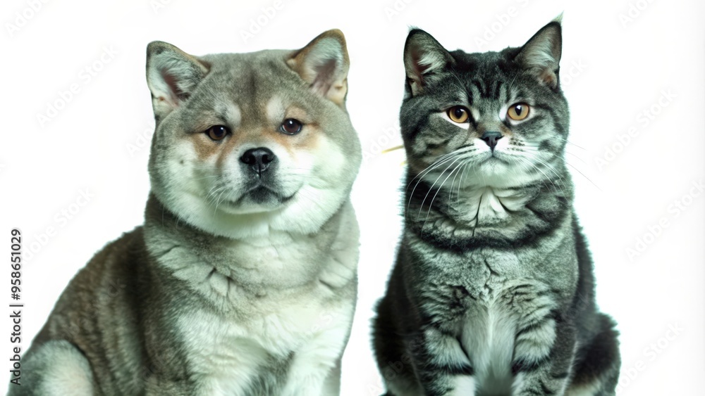 Fototapeta premium A Shiba Inu Dog and a Tabby Cat Sitting Together