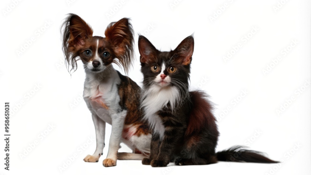 Obraz premium A Brown and White Papillon Dog and a Black and White Cat Sitting Together