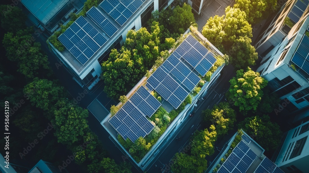 Aerial View of Modern Building with Solar Panels and Green Roof Aerial View of Modern Building with Solar Panels and Green Roof